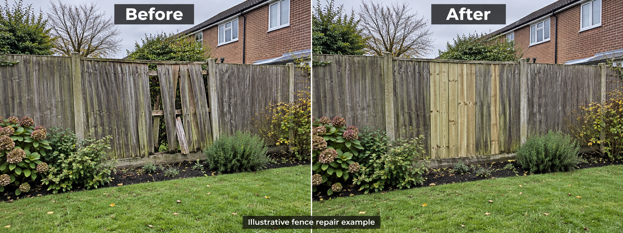 illustrative fence repair before and after